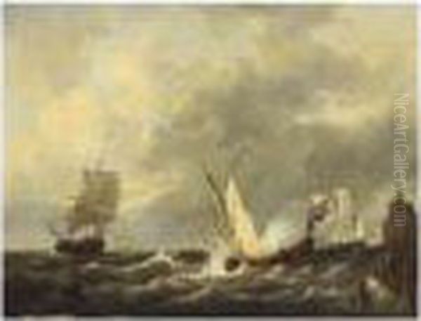 Sailing Vessels In Choppy Waters Oil Painting by George Willem Opdenhoff