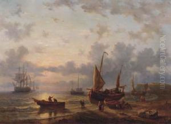 A French Coastal Scene With Fishermen Working At Dusk Oil Painting by George Willem Opdenhoff