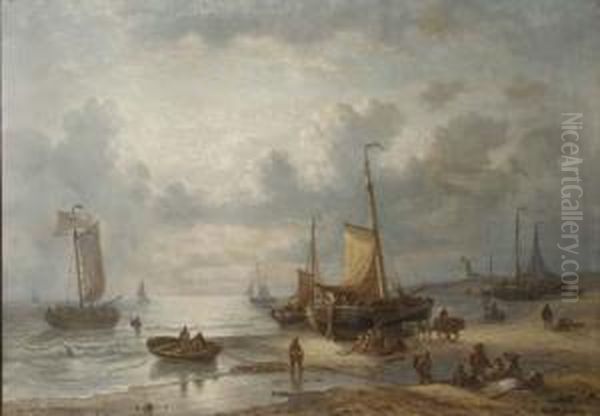 Unloading The Catch Oil Painting by George Willem Opdenhoff