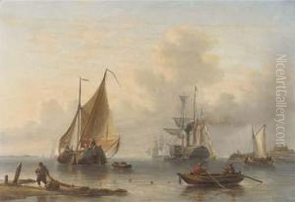 A Calm: A Busy Day Near A Coast Oil Painting by George Willem Opdenhoff