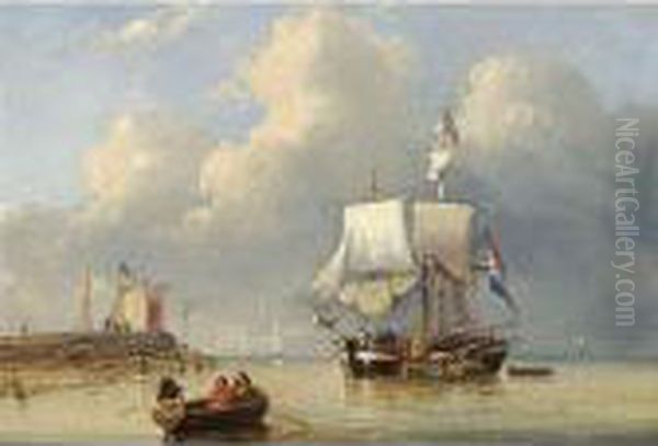 Shipping In An Estuary Oil Painting by George Willem Opdenhoff