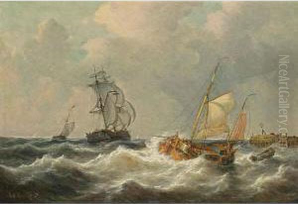 Sailing Vessels In Choppy Waters Oil Painting by George Willem Opdenhoff