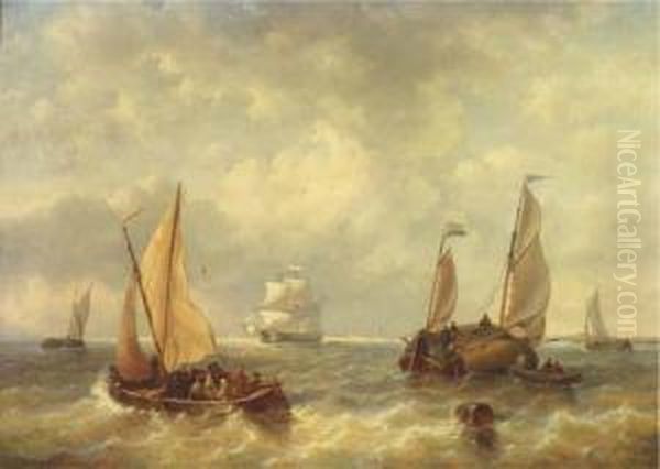 Shipping Activity In A River Estuary Oil Painting by George Willem Opdenhoff