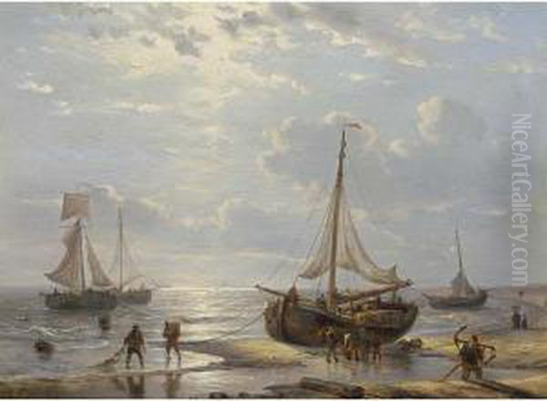 Unloading The Catch Oil Painting by George Willem Opdenhoff