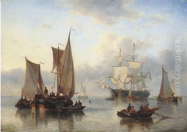 Bringing The Catch On Board Oil Painting by George Willem Opdenhoff