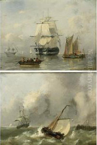 Shipping In A Calm; Boats In Choppy Waters (a Pair) Oil Painting by George Willem Opdenhoff