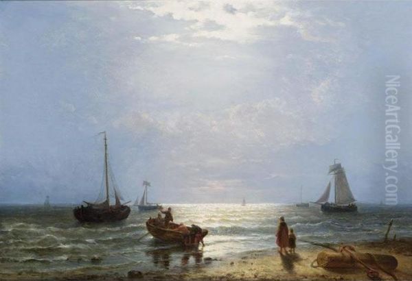 A Coastal Scene With Fisherfolk And Sailing Vessels Oil Painting by George Willem Opdenhoff