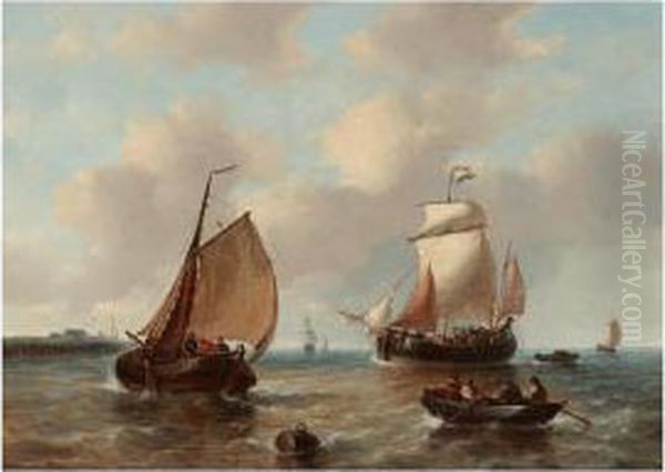 Fishing Boats Off The Coast Oil Painting by George Willem Opdenhoff