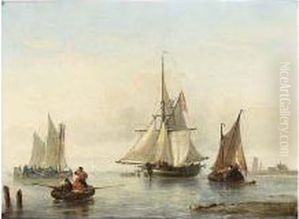 Sailingvessels Near The Coast Oil Painting by George Willem Opdenhoff