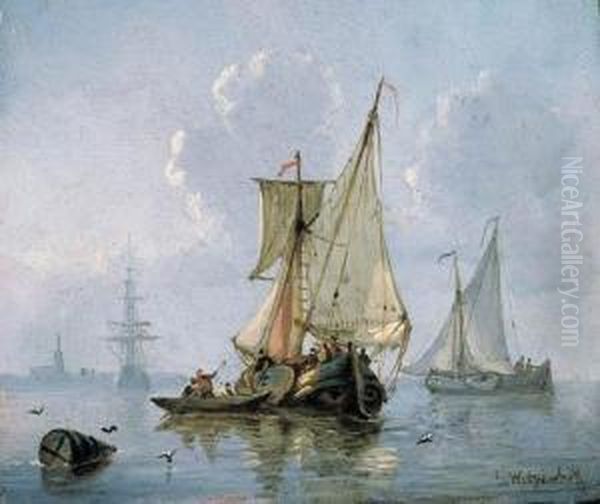 Shipping In A Calm Sea Oil Painting by George Willem Opdenhoff