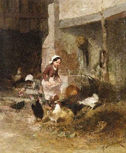 Feeding the Chickens Oil Painting by Alexandre Defaux