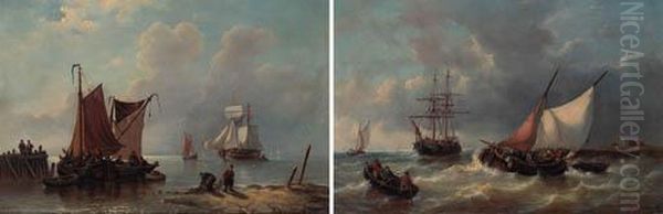 Shipping In A Calm; Shipping On A Choppy Sea Oil Painting by George Willem Opdenhoff