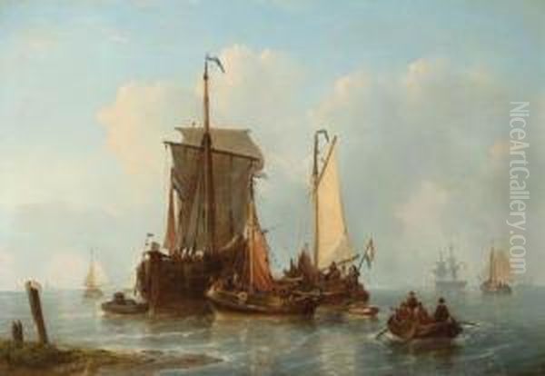 A Vis Hoeker And Other Dutch Fishing Ships Riding At Anchor Oil Painting by George Willem Opdenhoff