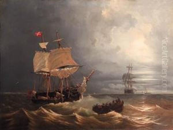 Pilots In A Rowingboat Heading For A Two-master On A Roughsea Oil Painting by George Willem Opdenhoff