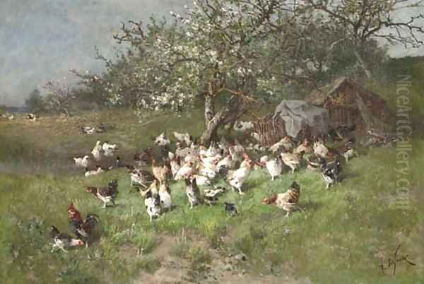 Printemps, poules sous le pommier en fleurs Oil Painting by Alexandre Defaux