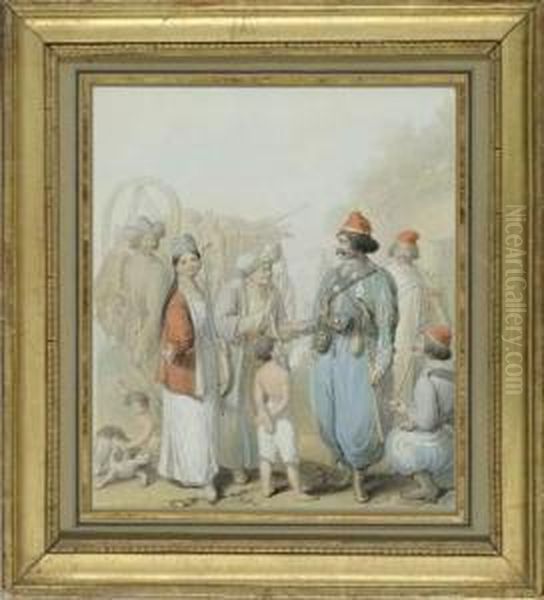 Soldats Ottomans Et Diseuses De Bonnes Aventures Russes. Oil Painting by George Emmanuel Opitz