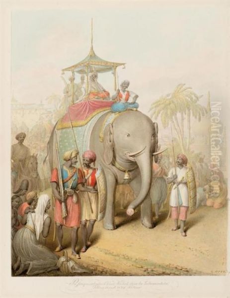 Maharajah With Retainers Mounted On An Elephant. Oil Painting by George Emmanuel Opitz