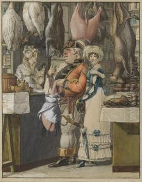 Two Women And A Soldier In A Butcher's Shop Oil Painting by George Emmanuel Opitz