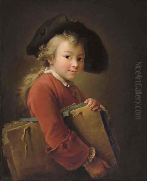 A young boy in a red jacket and black hat, holding a portfolio Oil Painting by Francois-Hubert Drouais