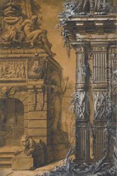 The Entrance To A Sepulchre With
 A Columned Building In The Right,two Figures In A Courtyard In The 
Background Oil Painting by Gilles-Marie Oppenord