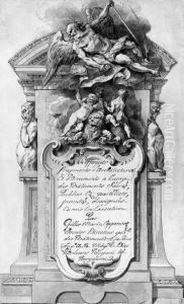 Design For A Frontispiece With 
An Allegory Of Time Flying Overthree Putti Playing With A Lion
Inscribed 'differents Fragments D'architectures Et D'ornements Al'usage 
Des Btiments Sacrs, Public Et Particuliers, Inventes,designes- Et Mis En
 Execution Oil Painting by Gilles-Marie Oppenord