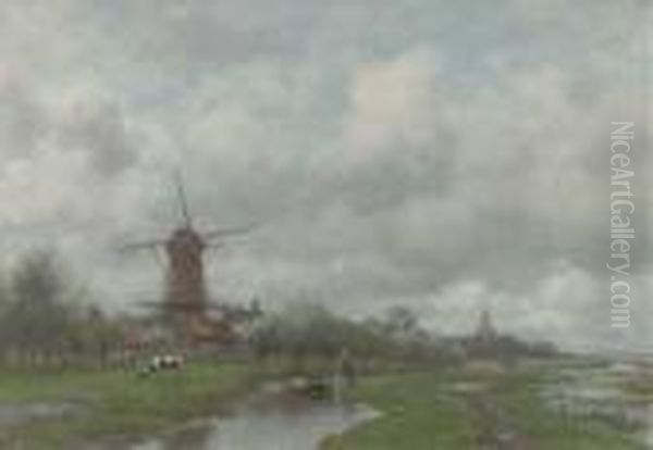 A Polder Landscape, A Village In The Distance Oil Painting by Willem Johannes Oppenoorth