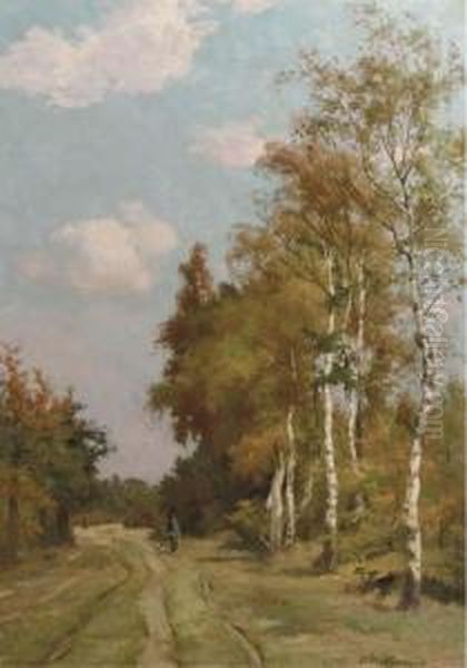 A Sportsman In A Birchtree Forest Oil Painting by Willem Johannes Oppenoorth