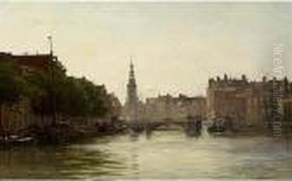 A View Of The River Amstel And The Munttoren, Amsterdam Oil Painting by Willem Johannes Oppenoorth