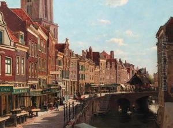 Townsfolk Shopping Along The Oude Gracht, Utrecht Oil Painting by Willem Johannes Oppenoorth