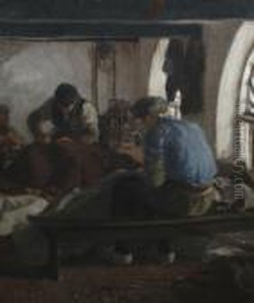 Workers In Shop Oil Painting by Ernst Oppler