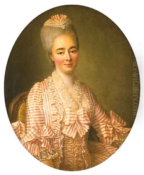 Portrait of a Lady, said to be Yvonette Moulin de la Racinire, seated half-length, in a pink and white striped dress with lace trimmings Oil Painting by Francois-Hubert Drouais