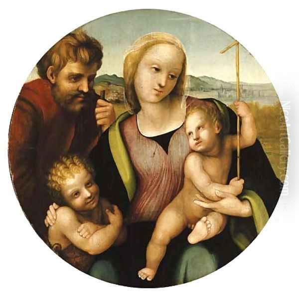 The Holy Family with the Infant Saint John the Baptist, the city of Pistoia beyond Oil Painting by Leonardo Da Pistoia