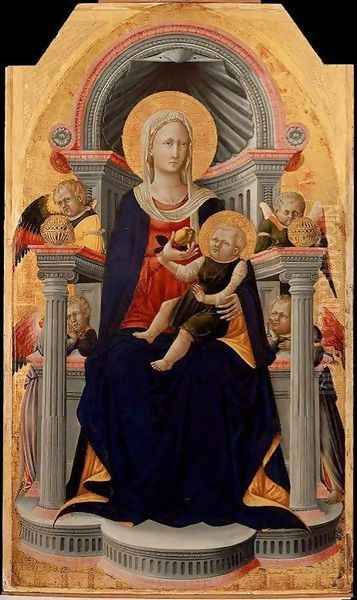 Virgin and Child Enthroned with Four Angels - c. 1445 Oil Painting by Bicci Di Neri