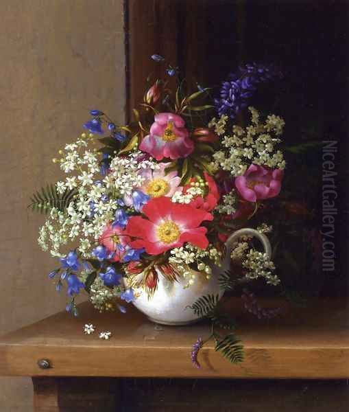 Still Life with Dog Roses, Larkspur and Bell Flowers in a White Cup Oil Painting by Adelheid Dietrich