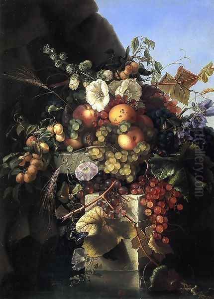 Still Life With Grapes, Peaches, Flowers And A Butterfly Oil Painting by Adelheid Dietrich