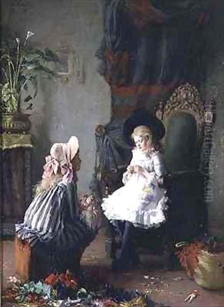 Two Girls Dressing a Doll Oil Painting by Leon Delachaux