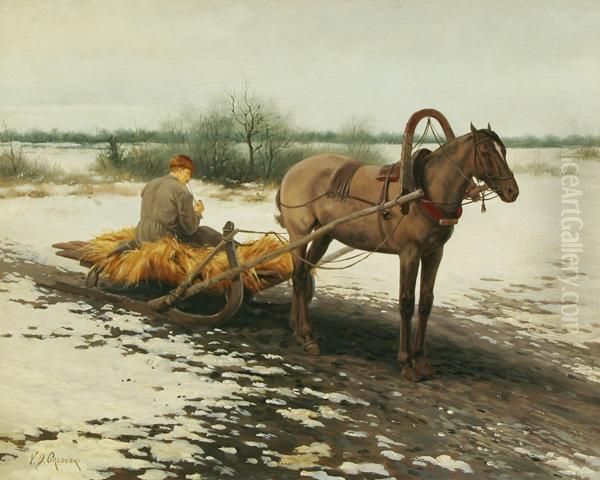 Man Resting On A Horse Drawn Haysled Oil Painting by Vladimir Donatovich Orlovskii