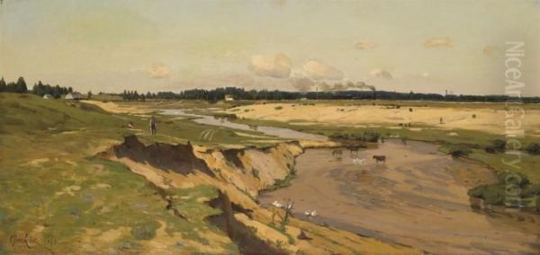 A Train Passing Through A Rural Landscape Oil Painting by Vladimir Donatovich Orlovskii