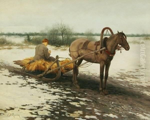 Man Resting On A Horse Drawn Hay Sled Oil Painting by Vladimir Donatovich Orlovskii