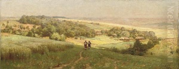 Two Figures Approaching A Village Nestled In A Valley Oil Painting by Vladimir Donatovich Orlovskii