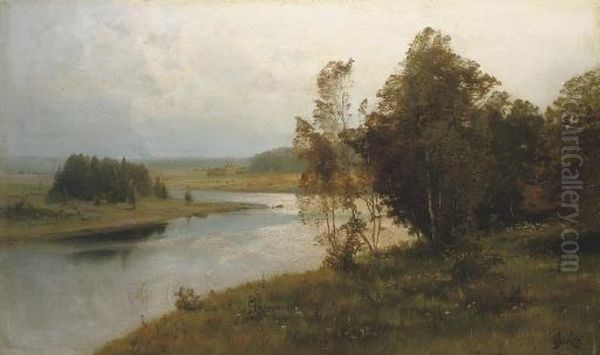 A River Landscape With A Church Beyond Oil Painting by Vladimir Donatovich Orlovskii