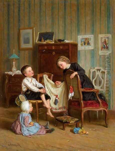 Jouer avec les marionettes Oil Painting by Theophile-Emmanuel Duverger