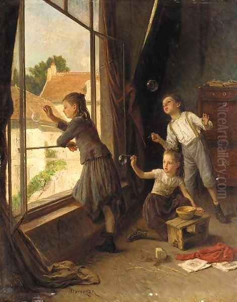 Blowing bubbles Oil Painting by Theophile-Emmanuel Duverger