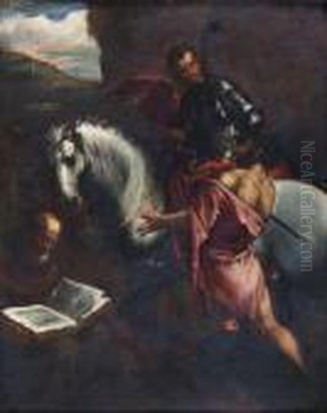 Saint Martin Donnant Son Manteau A Un Mendiant Et Saint Francoisd'assise Lisant Oil Painting by Pedro De Orrente