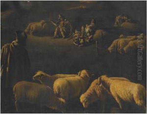 A Night Scene With Shepherds Resting By A Fire Oil Painting by Pedro De Orrente