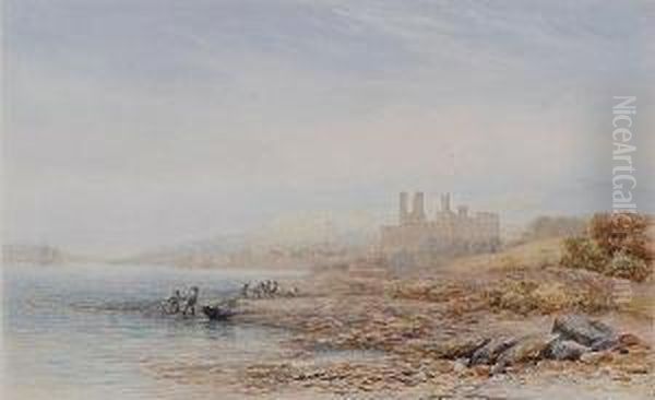 Caernarfon Castle, With Figures Hauling Netsashore To The Foreground Oil Painting by James Orrock