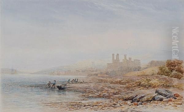 Caernarfon Castle, With Figures 
Hauling Netsashore To The Foreground, Signed, Watercolour Oil Painting by James Orrock