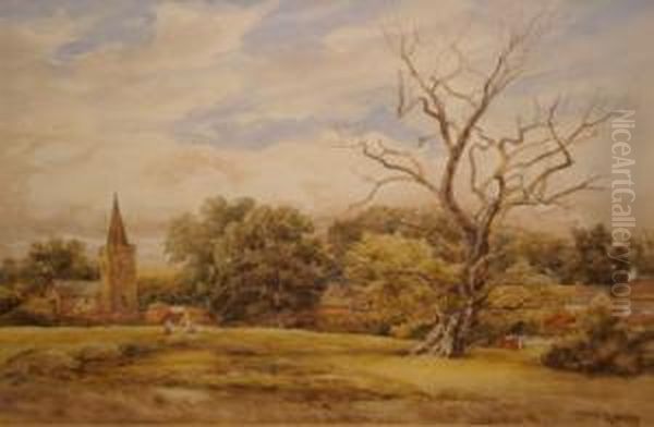 ' Newton Linford In Leicester ' - Field With Figures, Church And Trees Oil Painting by James Orrock