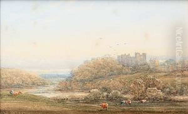 Figures On A Country Path By A 
Castle, Together With Another Of A River Landscape With Castle And 
Cattle Grazing, Possibly Alnwick Castle, (2) Oil Painting by James Orrock