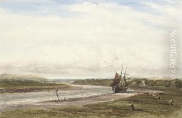 An Extensive River Landscape With A Sailing Boat Moored At Low Tide Oil Painting by James Orrock